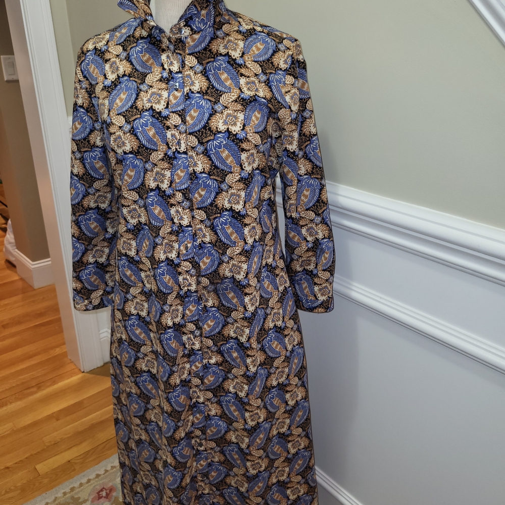 Blue and Tan Paisley Long Sleeve Maxi Dress